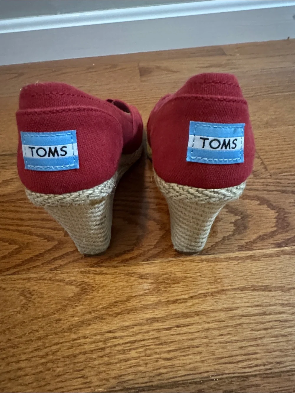Toms Red Canvas Peep-Toe Wedge Espadrilles